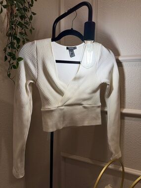 Forever 21 Ivory Ribbed Wrap Crop Sweater